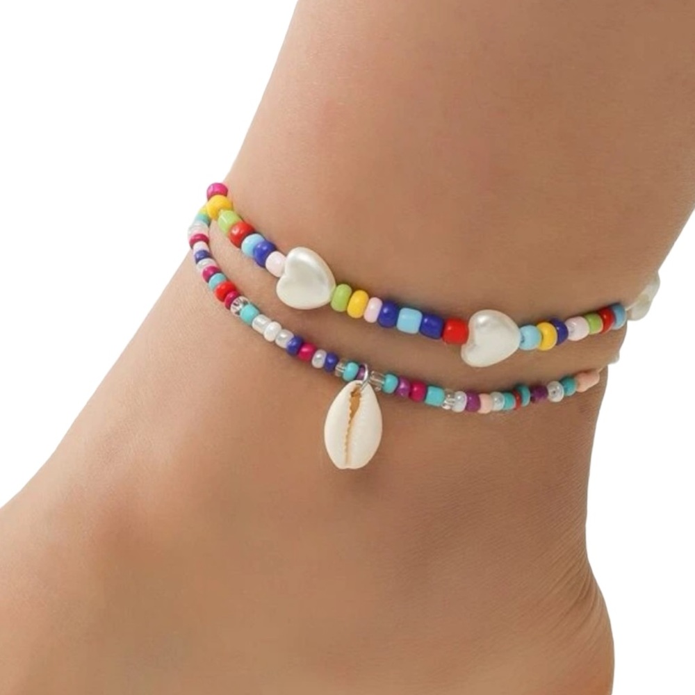 2 Piece Colorful Beaded Anklet Set